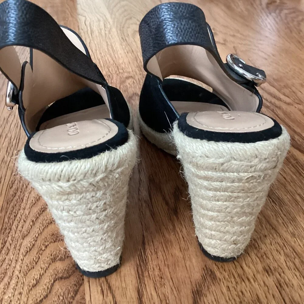 NEW Coach Poppy Espadrille Wedge in Black Suede & Signature Canvas 9 Logo Buckle